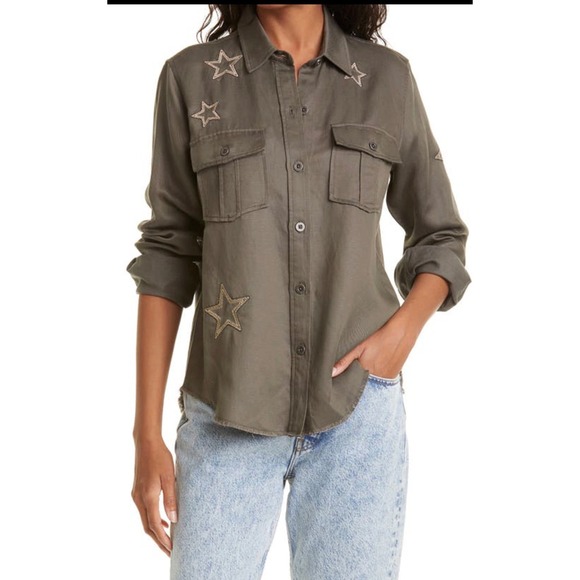Rails Tops - Rails Loren Olive Gold Star Embroidery Utility Shirt Jacket Green XS